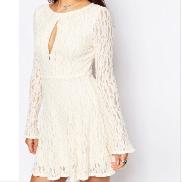 Free People Shearling Corded Lace Fit/Flare Cream Keyhole Front Dress size L - Picture 3 of 14